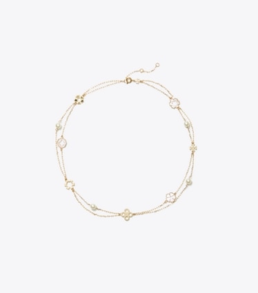 Tory Burch designer necklaces Forget Me Not Layered Necklace in Tory Gold / Pink / Ivory front