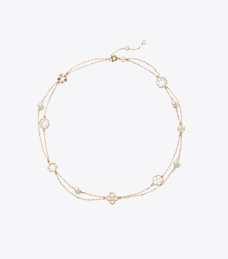 Tory Burch designer necklaces Forget Me Not Layered Necklace in Tory Gold / Pink / Ivory front