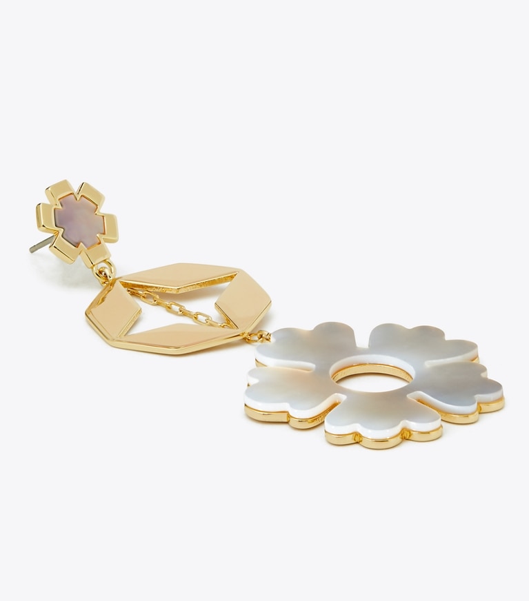 Tory Burch designer earrings Forget Me Not Linear Earrings in Tory Gold / Mother of Pearl front