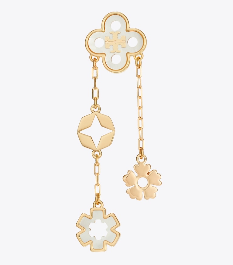 Tory Burch designer earrings Forget Me Not Linear Earrings in Tory Gold / Mother of Pearl front