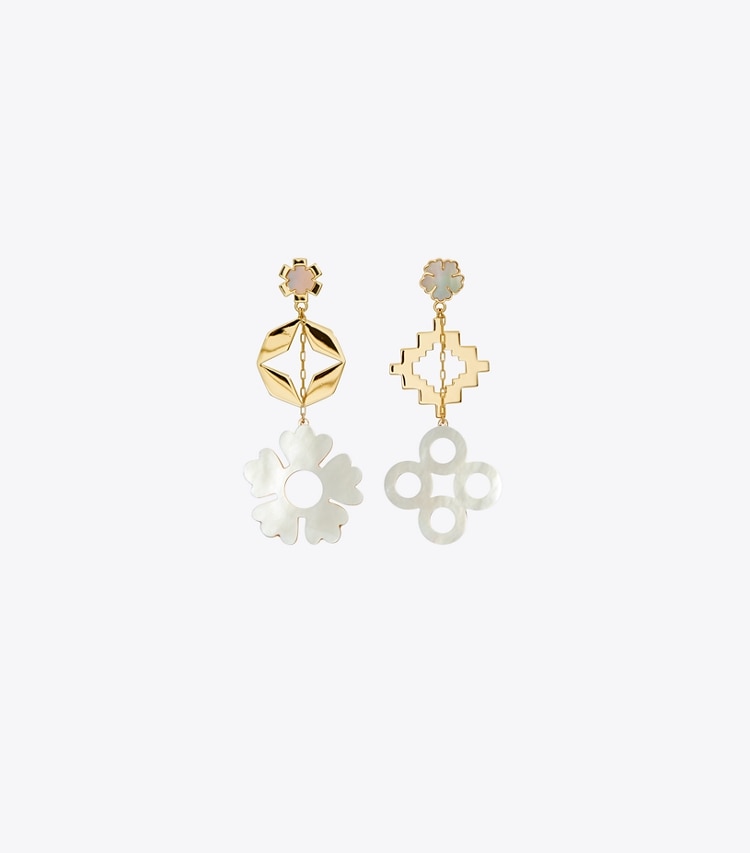 Tory Burch designer earrings Forget Me Not Linear Earrings in Tory Gold / Mother of Pearl front