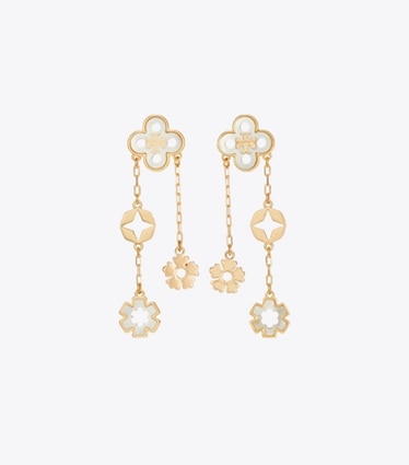 Tory Burch designer earrings Forget Me Not Linear Earrings in Tory Gold / Mother of Pearl front