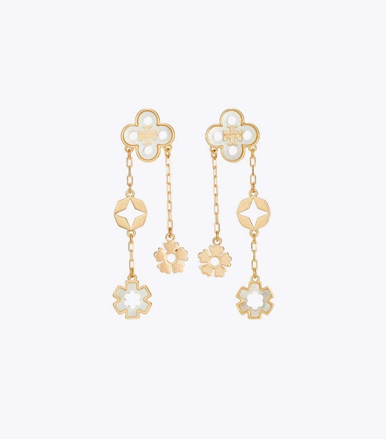 Tory Burch designer earrings Forget Me Not Linear Earrings in Tory Gold / Mother of Pearl front