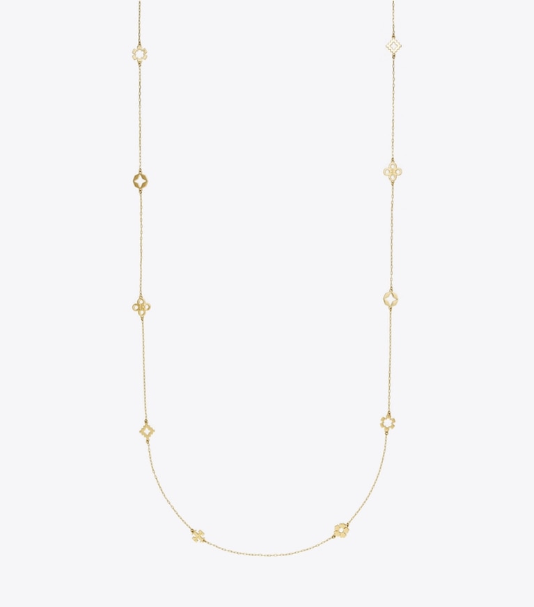 Tory Burch designer necklaces Forget Me Not Long Necklace in Tory Gold front
