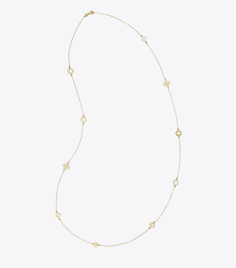 Tory Burch designer necklaces Forget Me Not Long Necklace in Tory Gold front
