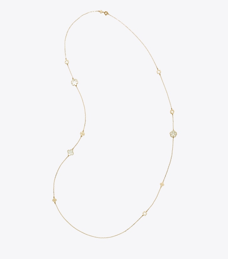 Tory Burch designer necklaces Forget Me Not Long Necklace in Tory Gold / Mother of Pearl front