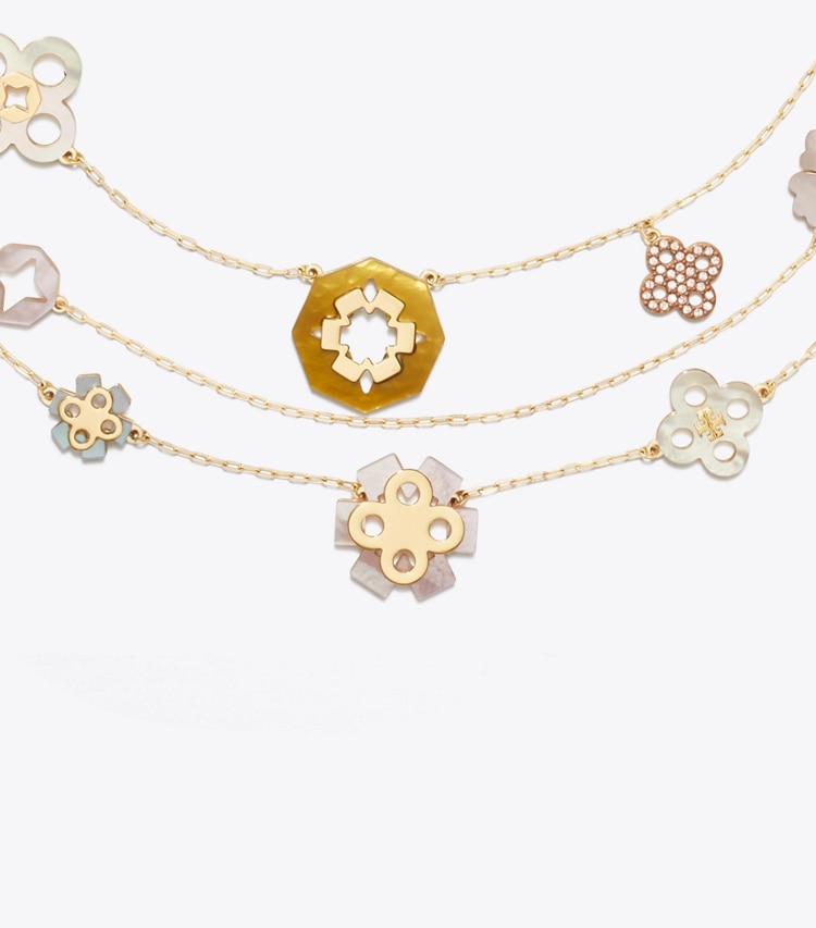 Tory Burch designer necklaces Forget Me Not Multi-Strand Necklace in Tory Gold / MOP Multi detail