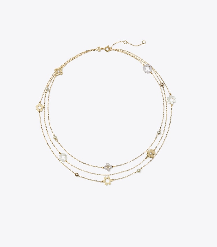 Tory Burch designer ネックレス キラ クローバー トリプルストランド ネックレス in Tory Gold / Pearl / Mother of Pearl front