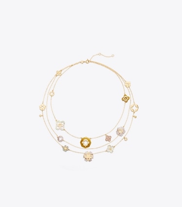 Tory Burch designer necklaces Forget Me Not Multi-Strand Necklace in Tory Gold / MOP Multi front