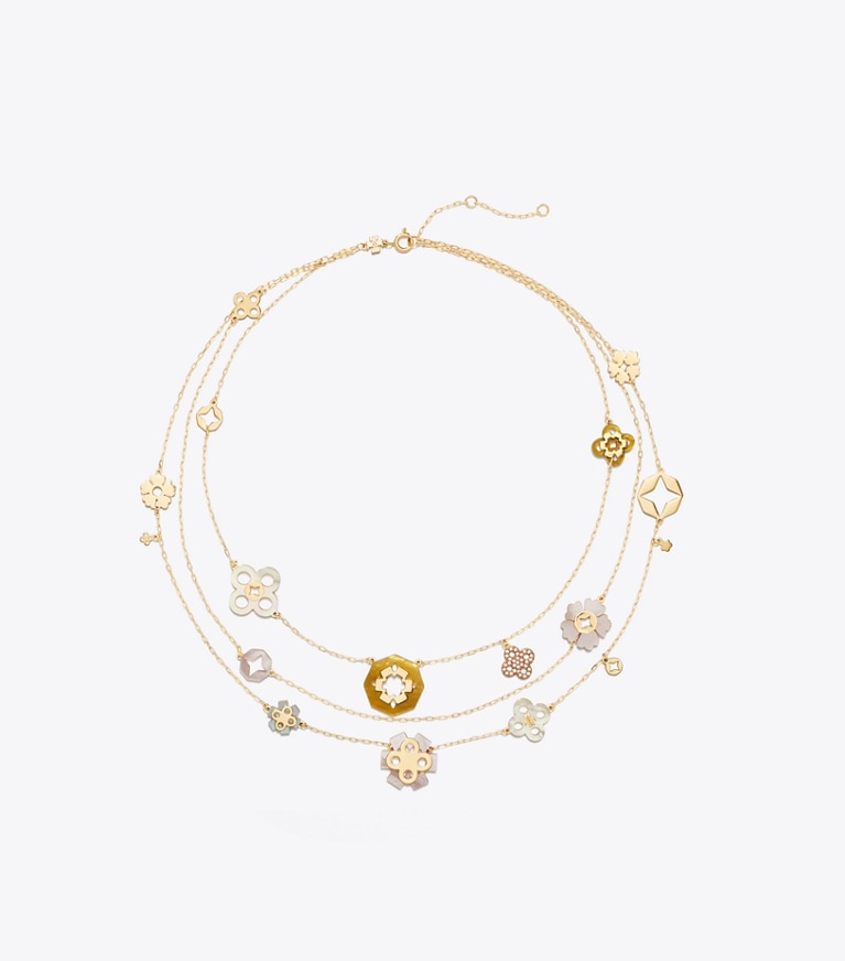 Tory Burch designer necklaces Forget Me Not Multi-Strand Necklace in Tory Gold / MOP Multi front