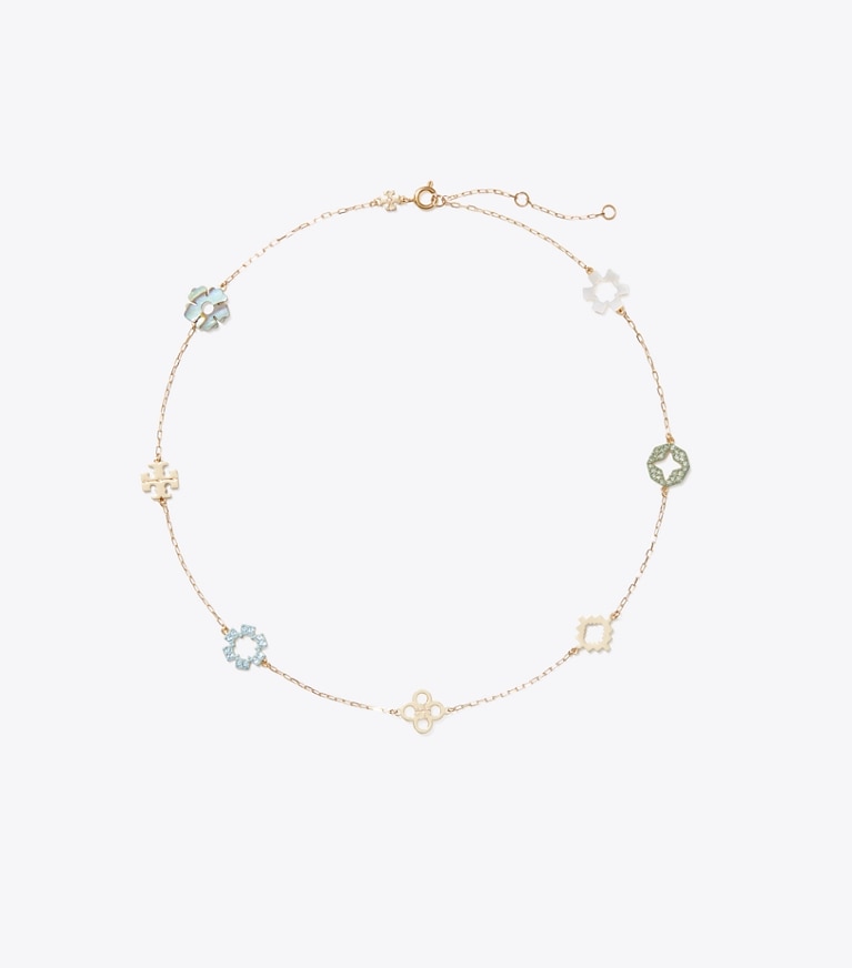Tory Burch designer halsketten Forget Me Not Pavé-Halskette in Tory Gold / Multi front