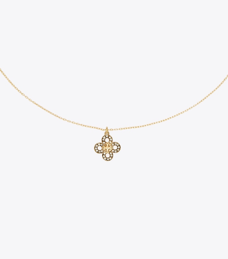Tory Burch designer necklaces Forget Me Not Pavé Pendant Necklace in Tory Gold / Crystal detail