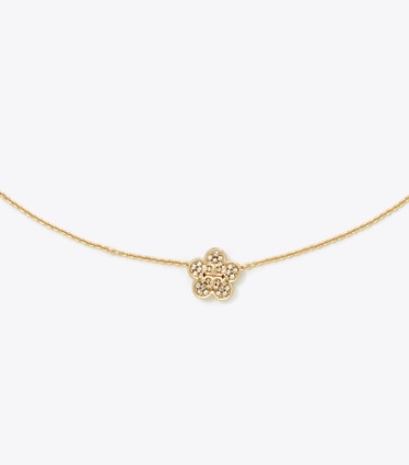 Tory Burch designer necklaces Forget Me Not Pavé Pendant Necklace in Tory Gold / Crystal detail