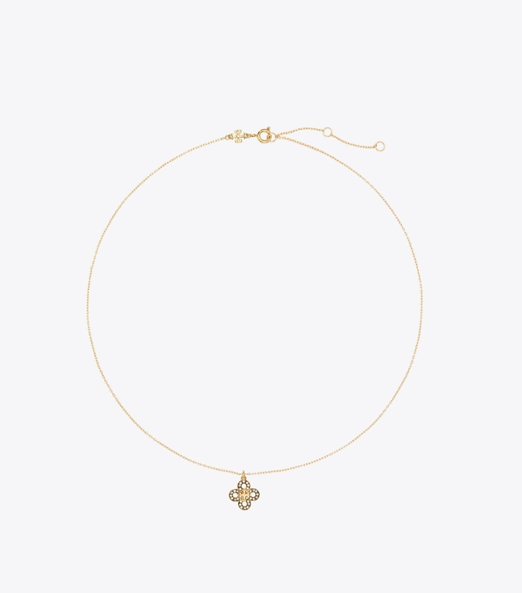 Tory Burch designer necklaces Forget Me Not Pavé Pendant Necklace in Tory Gold / Crystal front