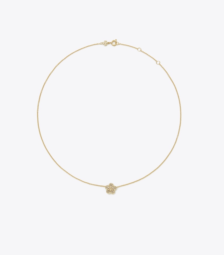 Tory Burch designer necklaces Forget Me Not Pavé Pendant Necklace in Tory Gold / Crystal front