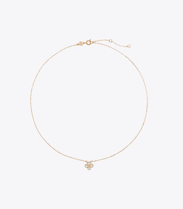 Tory Burch designer necklaces Forget Me Not Pavé Pendant Necklace in Tory Gold / Crystal front