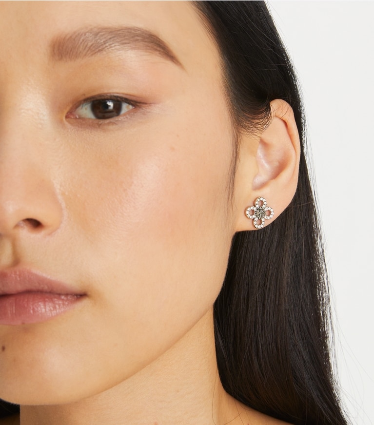 Tory Burch designer earrings Forget Me Not Pavé Stud Earrings in Light Hematite / Crystal front