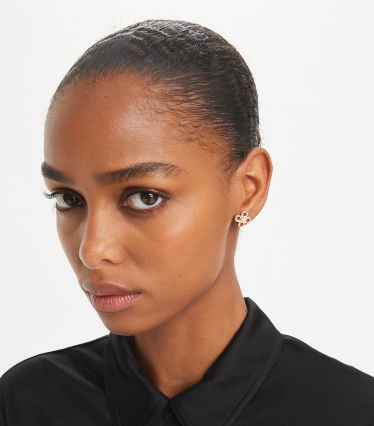 Tory Burch designer earrings Forget Me Not Pavé Stud Earrings in Tory Gold / Crystal accessory on model