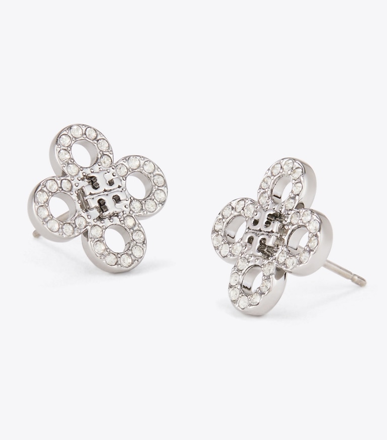 Tory Burch designer earrings Forget Me Not Pavé Stud Earrings in Light Hematite / Crystal front