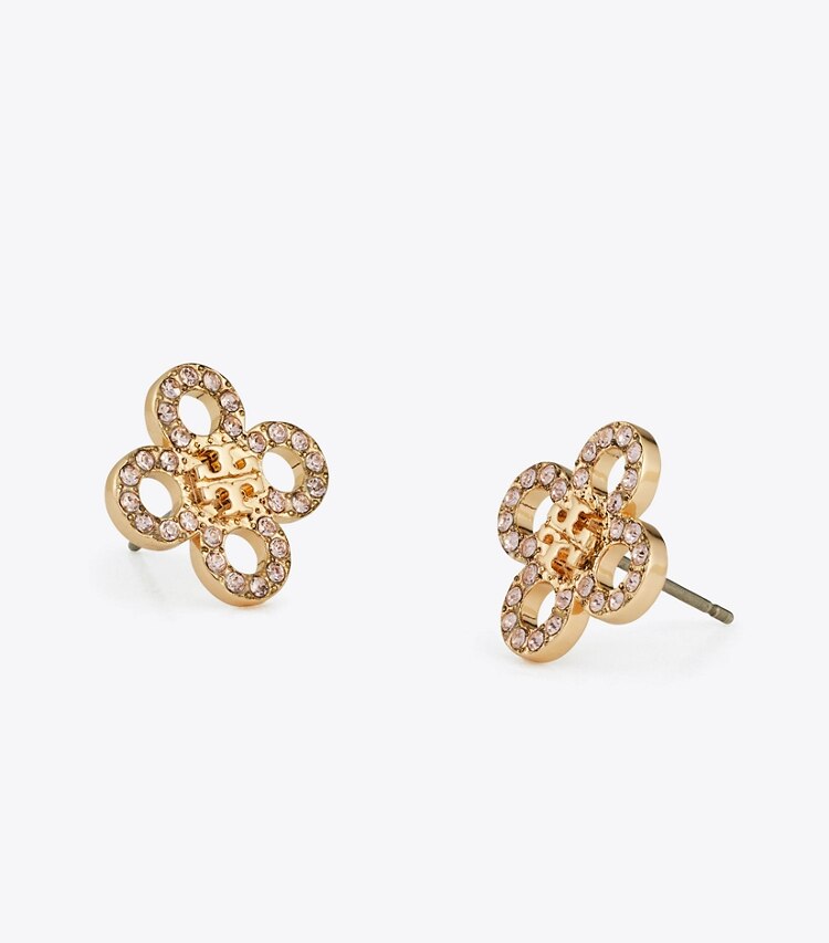 Tory Burch designer earrings Forget Me Not Pavé Stud Earrings in Tory Gold / Vintage Rose detail