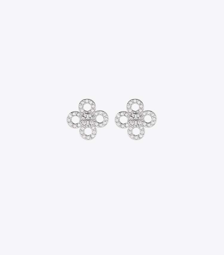 Tory Burch designer earrings Forget Me Not Pavé Stud Earrings in Light Hematite / Crystal front