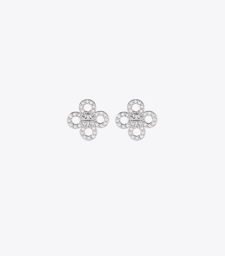 Tory Burch designer earrings Forget Me Not Pavé Stud Earrings in Light Hematite / Crystal front