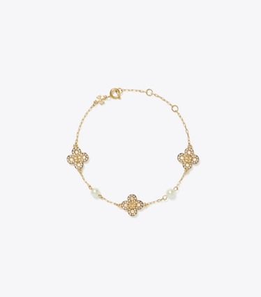 Tory Burch designer ブレスレット キラ クローバー パール ブレスレット in Tory Gold / Pearl / Crystal front