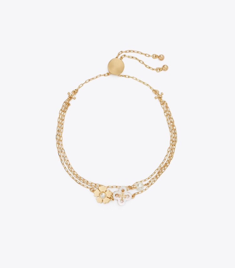 Tory Burch designer bracelets Forget Me Not Pearl Chain Slider Bracelet in Tory Gold / Mother of Pearl / Cream front