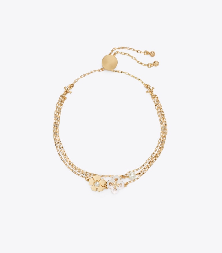 Tory Burch designer bracelets Forget Me Not Pearl Chain Slider Bracelet in Tory Gold / Mother of Pearl / Cream front