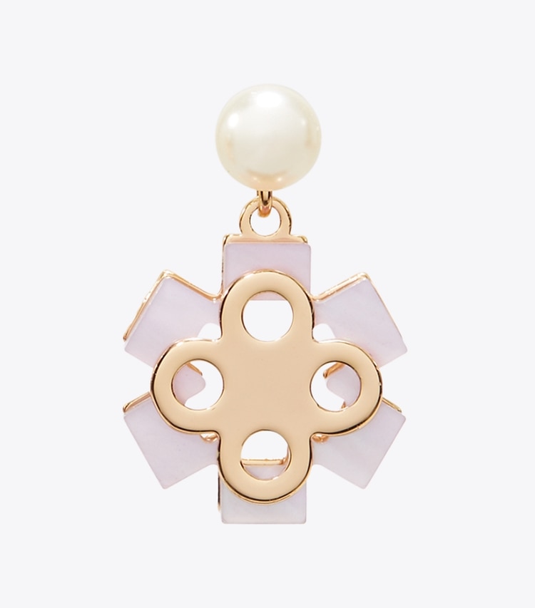 Tory Burch diseñador aretes Forget Me Not Pearl Drop Earrings en Tory Gold / Pink / Crystal / Pearl detalle