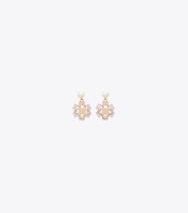 Tory Burch designer earrings Forget Me Not Pearl Drop Earrings in Tory Gold / Pink / Crystal / Pearl front
