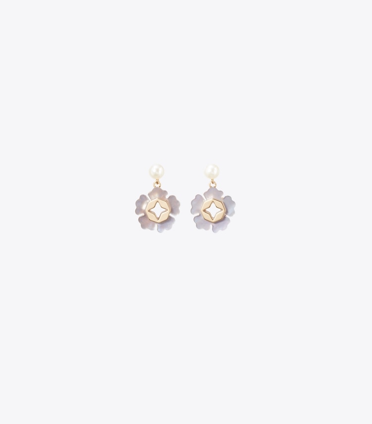 Tory Burch designer earrings Forget Me Not Pearl Drop Earrings in Tory Gold / Blue front