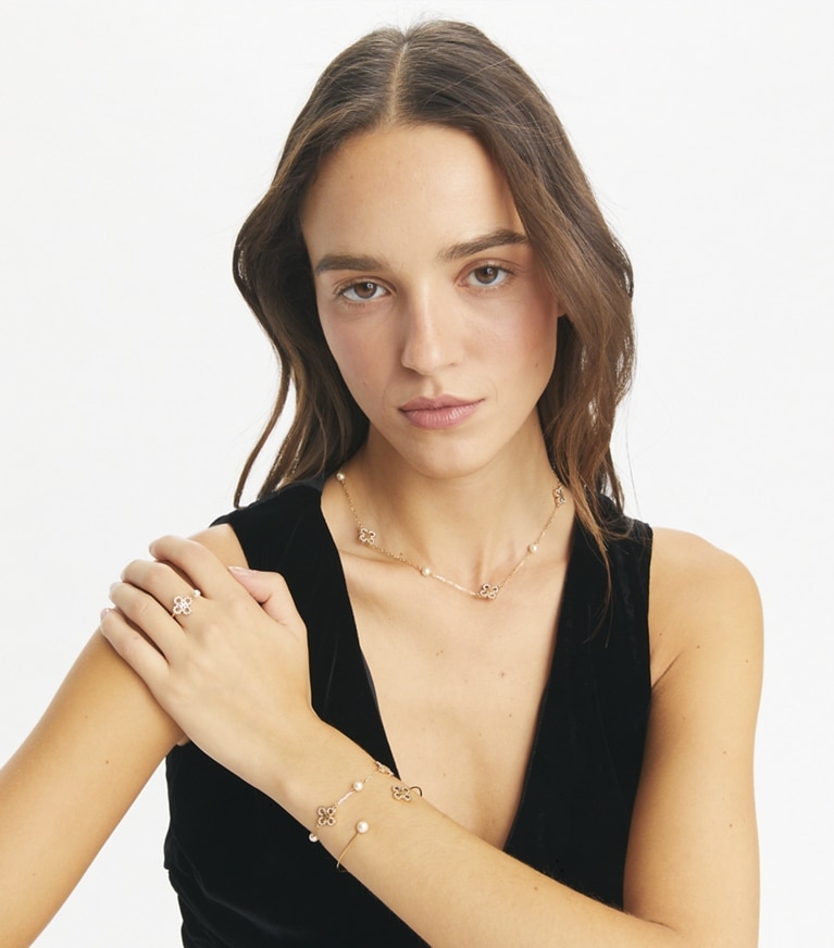Tory Burch designer ネックレス キラ クローバー パール ネックレス in Tory Gold / Pearl / Crystal front