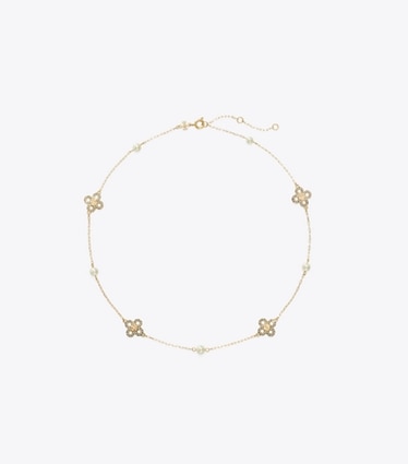Tory Burch designer ネックレス フォーゲットミーノット クローバー パール ネックレス in Tory Gold / Pearl / Crystal front