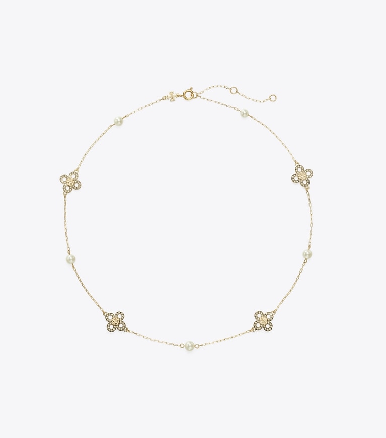 Tory Burch designer ネックレス キラ クローバー パール ネックレス in Tory Gold / Pearl / Crystal front