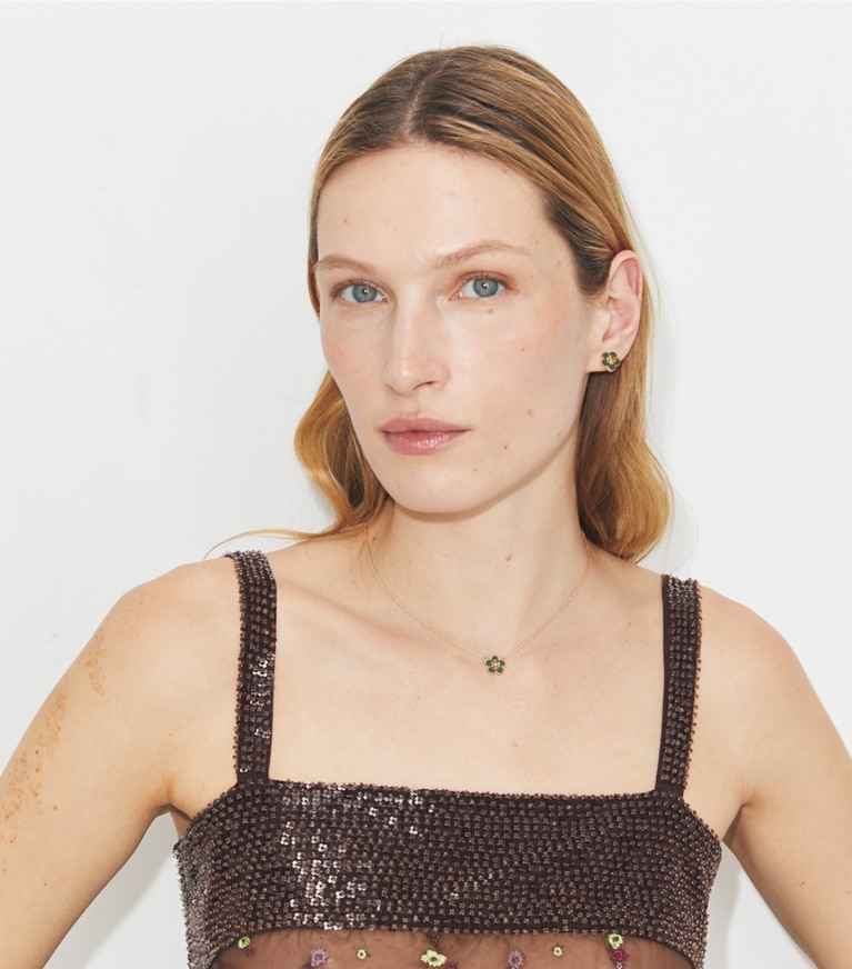 Tory Burch designer necklaces Forget Me Not Pendant Necklace in Tory Gold / Dark Kale accessory on model