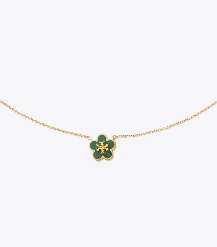 Tory Burch designer necklaces Forget Me Not Pendant Necklace in Tory Gold / Dark Kale detail