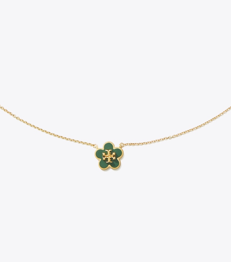 Tory Burch designer necklaces Forget Me Not Pendant Necklace in Tory Gold / Dark Kale detail