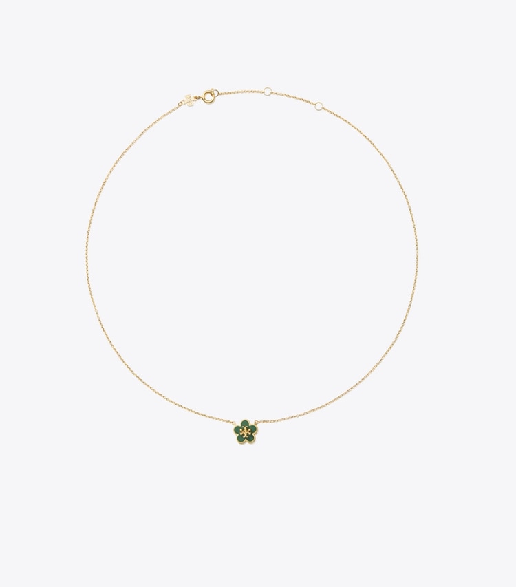 Tory Burch designer necklaces Forget Me Not Pendant Necklace in Tory Gold / Dark Kale front