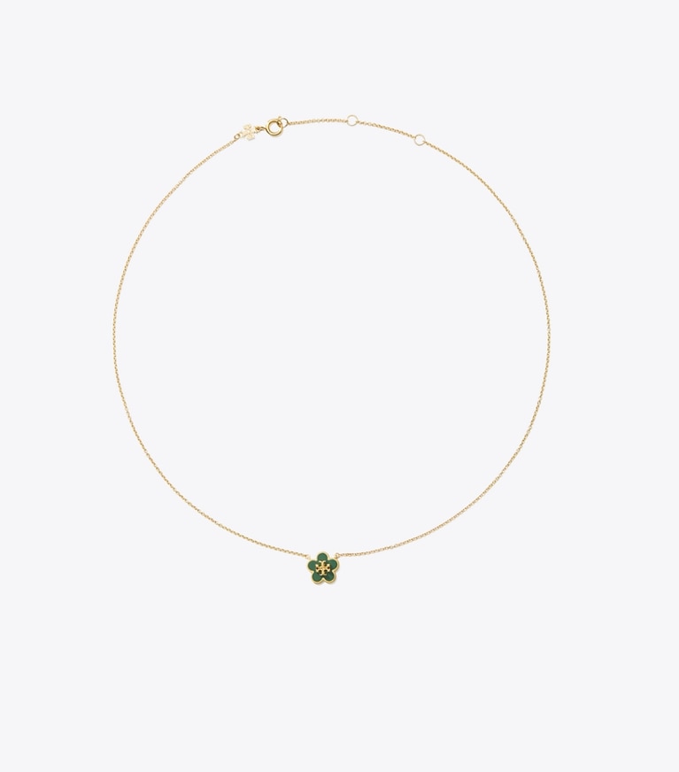 Tory Burch designer necklaces Forget Me Not Pendant Necklace in Tory Gold / Dark Kale front