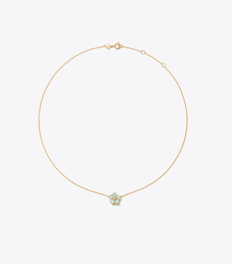 Tory Burch designer ネックレス フォーゲットミーノット フラワー ペンダント in Tory Gold / Blue front
