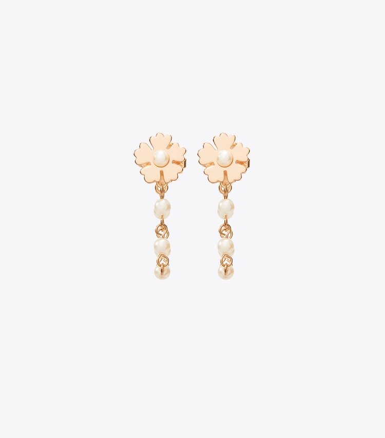 Tory Burch designer ohrringe Forget Me Not Perlenohrringe mit Kette in Tory Gold / Cream front