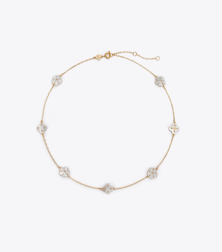 Tory Burch designer necklaces Forget Me Not Rosary Necklace in Tory Gold / Mother of Pearl front
