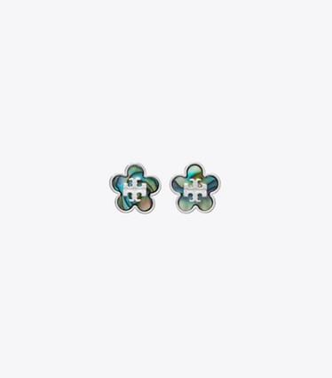 Tory Burch designer earrings Forget Me Not Stud Earrings in Light Silver / Abalone front