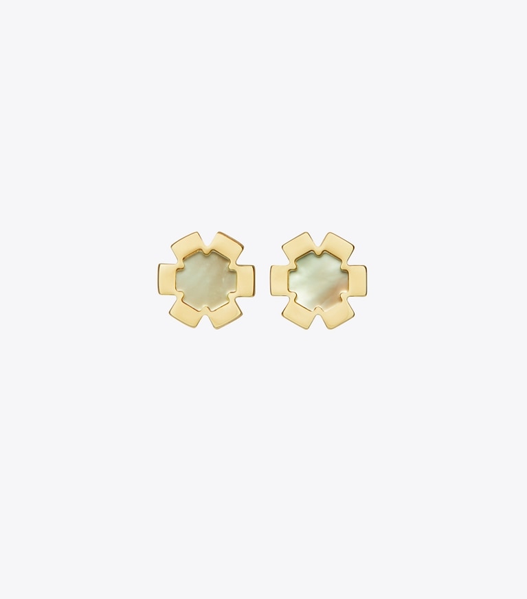 Tory Burch designer earrings Forget Me Not Stud Earrings in Tory Gold / Green front