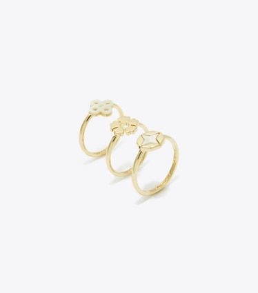 Tory Burch designer rings Forgot Me Not Stacking Ring Set in Tory Gold / Mother of Pearl angle