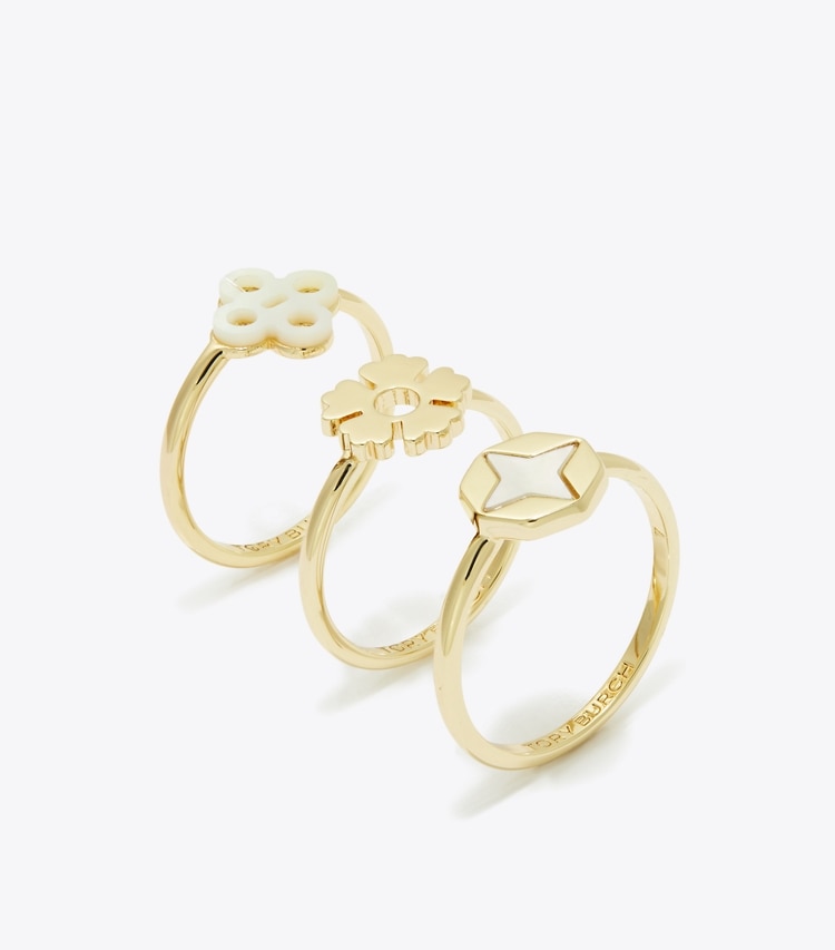 Tory Burch designer リング キラ クローバー スタッキングリング セット in Tory Gold / Mother of Pearl angle