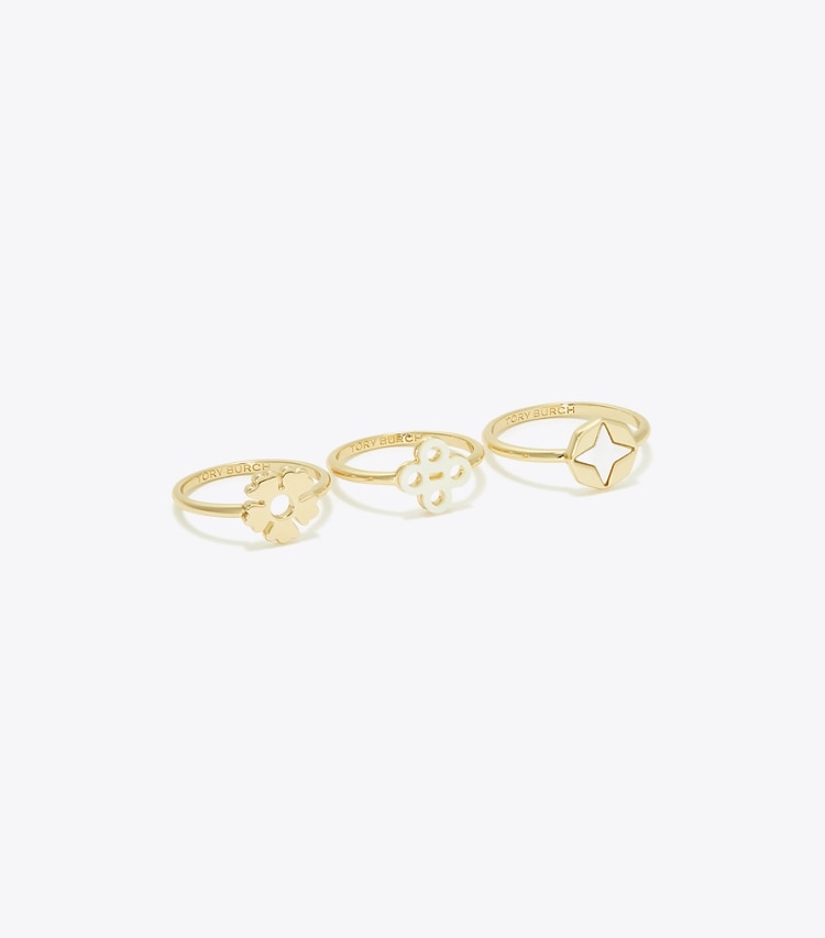 Tory Burch designer リング キラ クローバー スタッキングリング セット in Tory Gold / Mother of Pearl ディテール
