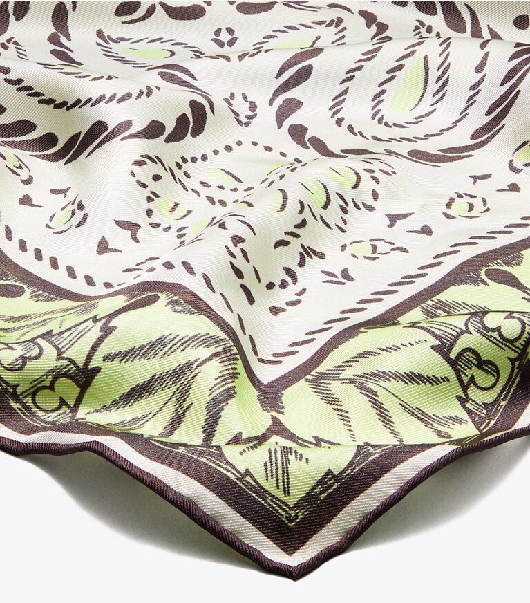 Tory Burch designer écharpes Foulard bandana carré surdimensionné motif cacatoès dans Mint Cockatoo détails