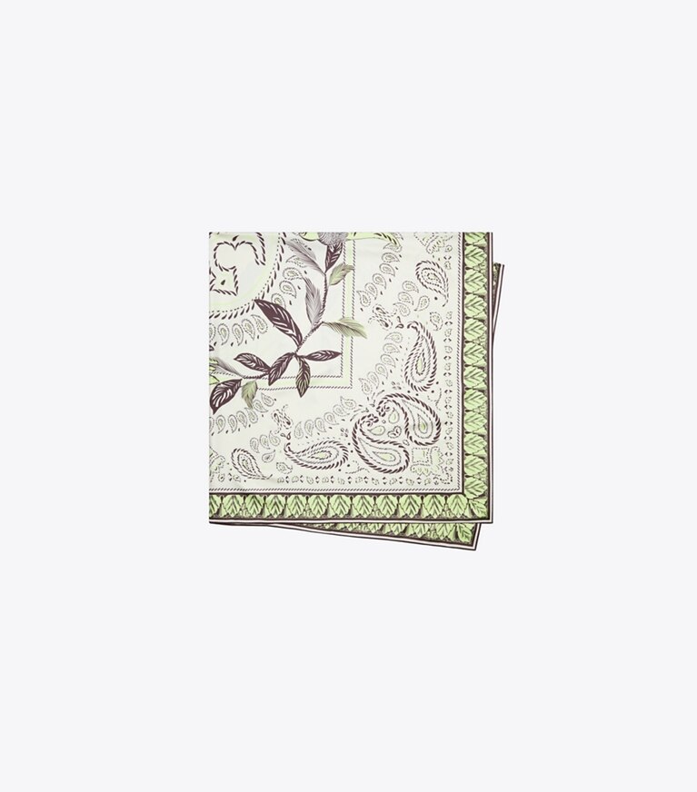 Tory Burch designer écharpes Foulard bandana carré surdimensionné motif cacatoès dans Mint Cockatoo plié